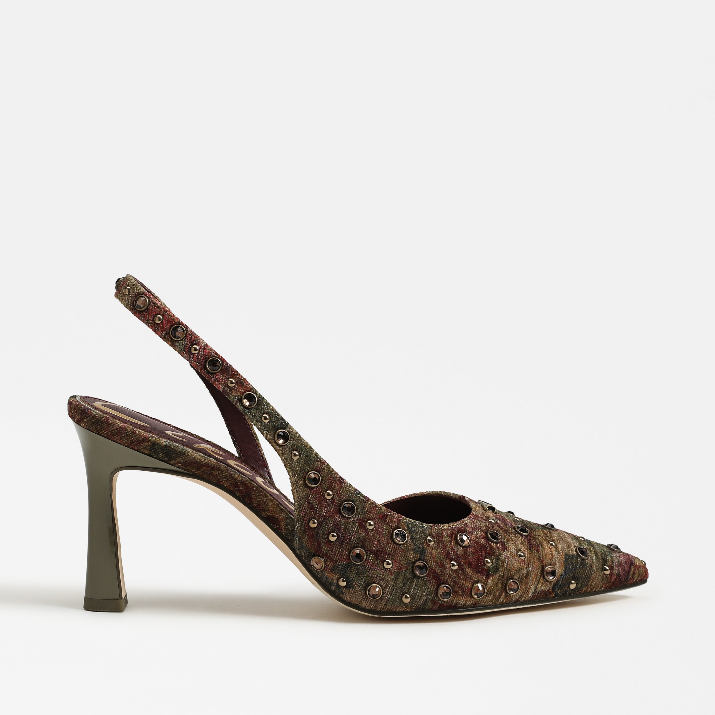 heels featuring the tallie slingback heel in golden pear plum pattern