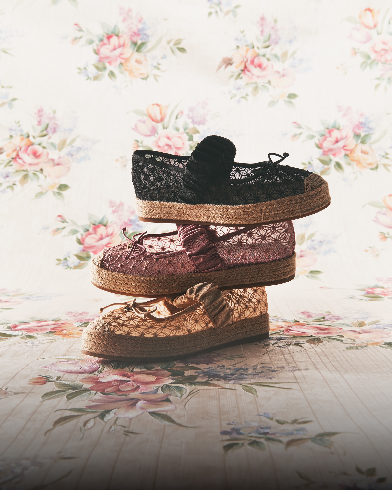 a grouping of the lillie mesh mary jane platform in rosette blush, vanilla bean, and black