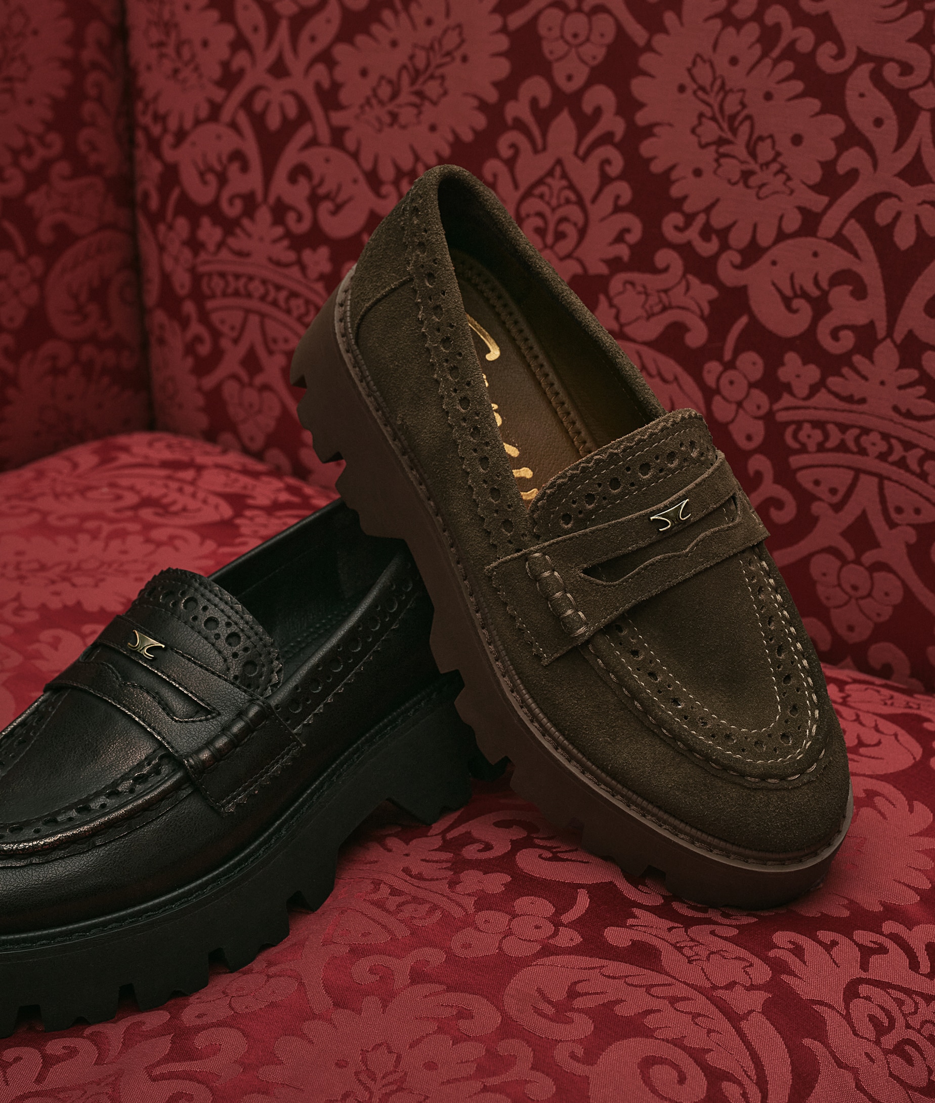 the paisley platform loafer, shown in olive suede and black