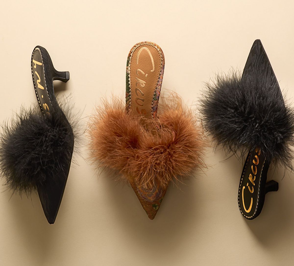 Three Gemma Fluff Kitten Heel Mules with pointed toes and feather trim in black and brown.