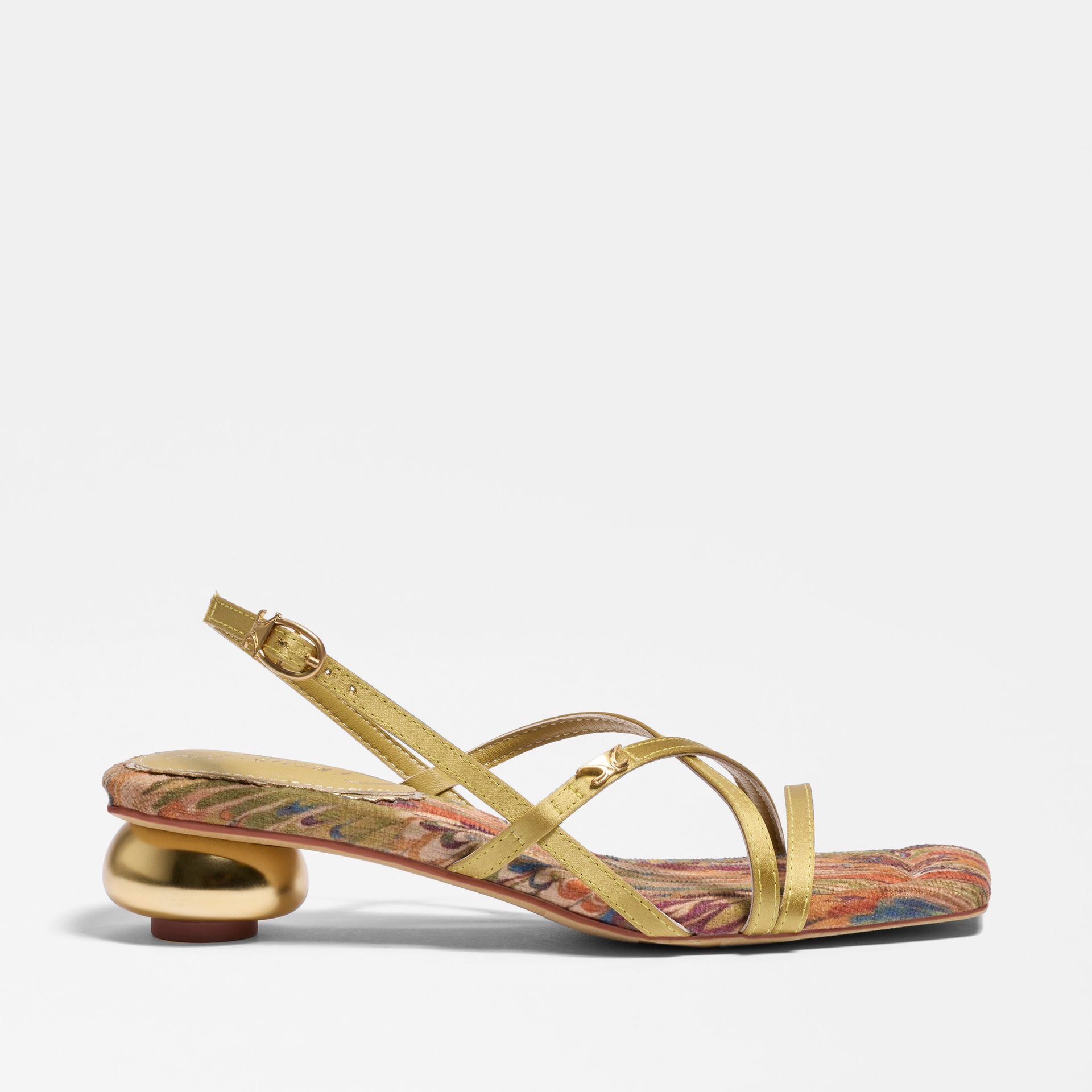 Caia Ankle Strap Heeled Sandal in Gold Pear Satin