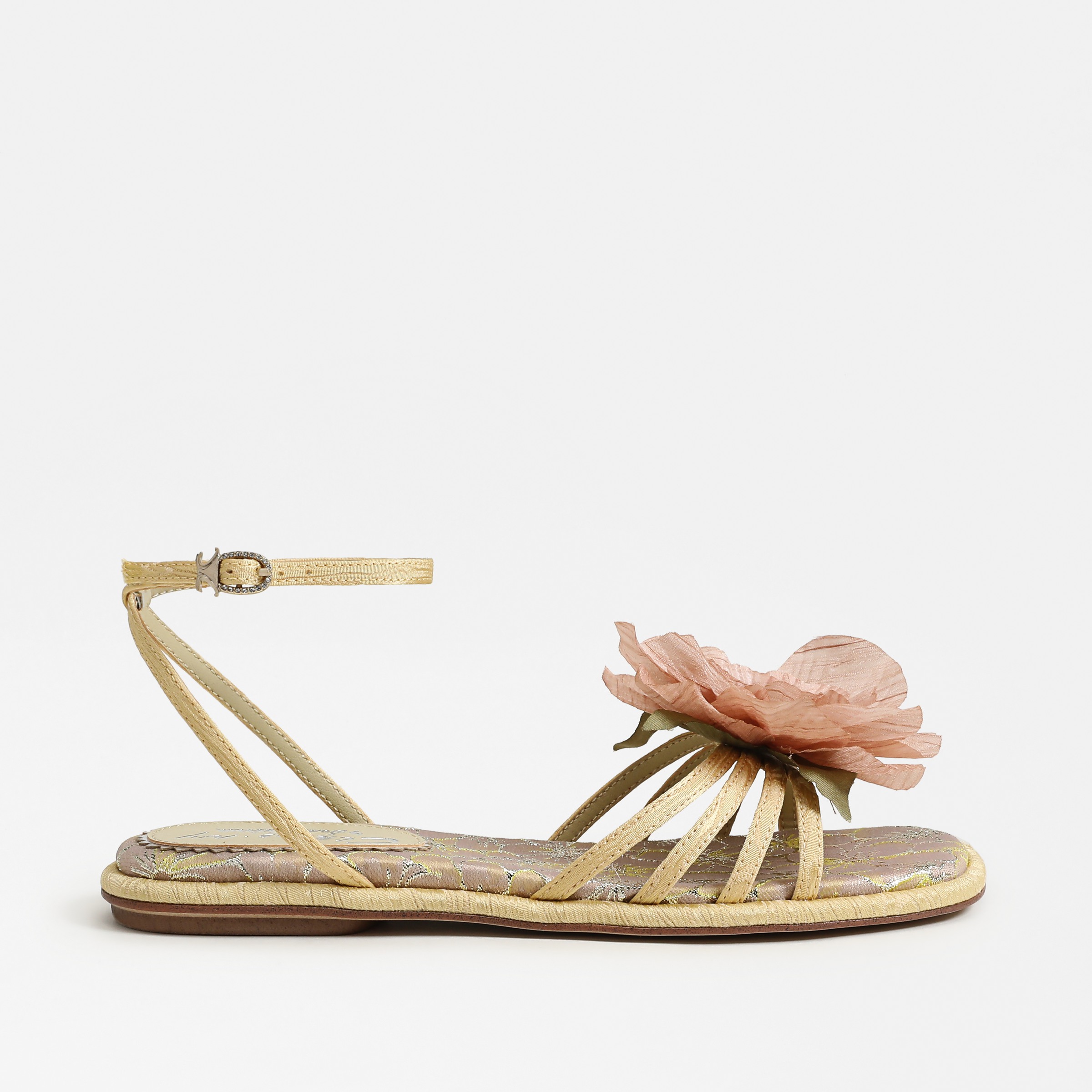 sandals featuring the olana strappy sandal in dusty yellow with a pink flower
