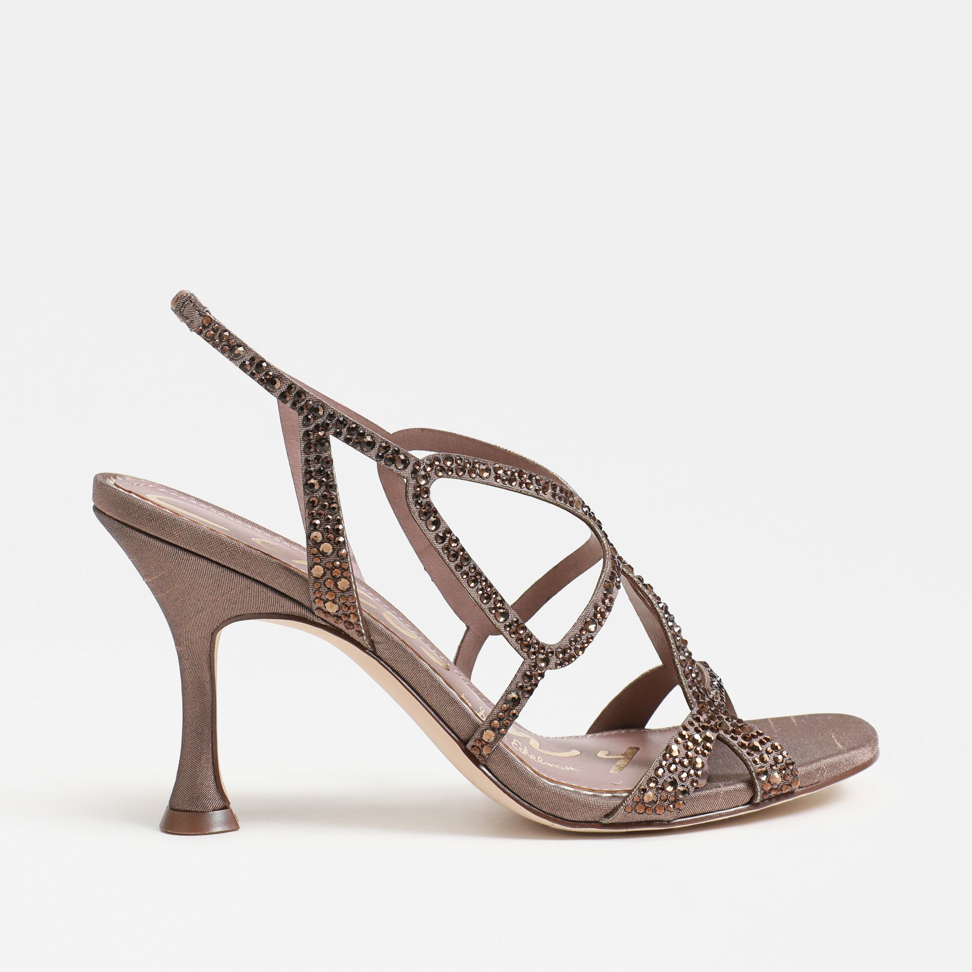 Circus NY Louisa Strappy Heel Sandal in Bronze Faux Silk with a squared toe