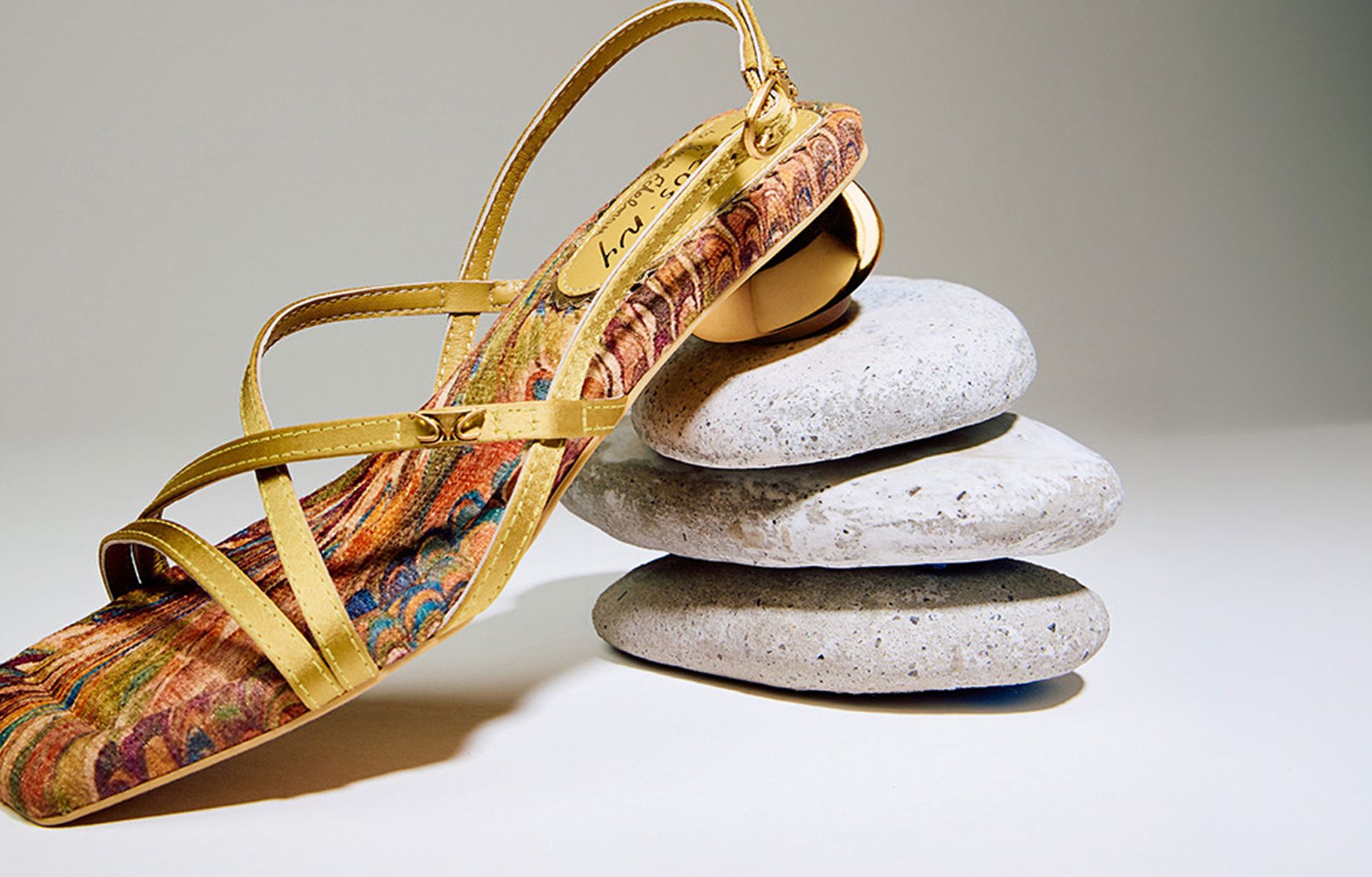 Caia Ankle Strap Heeled Sandal in golden pear satin